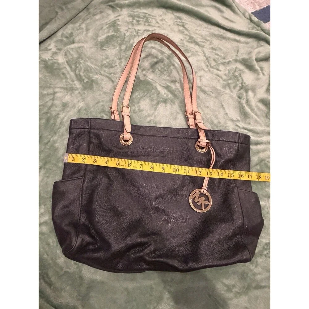 Michael Kors Black Pebbled Leather Tote Bag Pink Blush Straps Shoulder Purse Bag - Picture 6 of 8